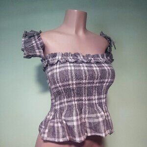 Deadstock Off The Shoulder Dolls Kill Grey, Black, and White Plaid Ruffled Top